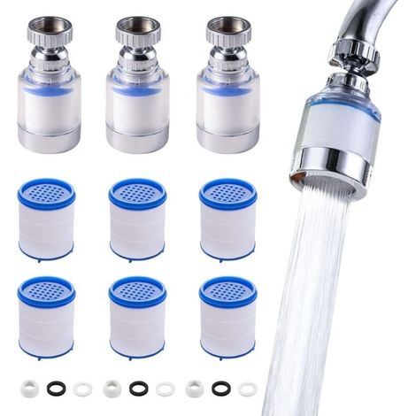 3 Filtre eau Robinet Anti Calcaire Rotatif à 360° + 9 Éléments Filtrants en Coton PP pour Cuisine Salle De Bain, L'Évier