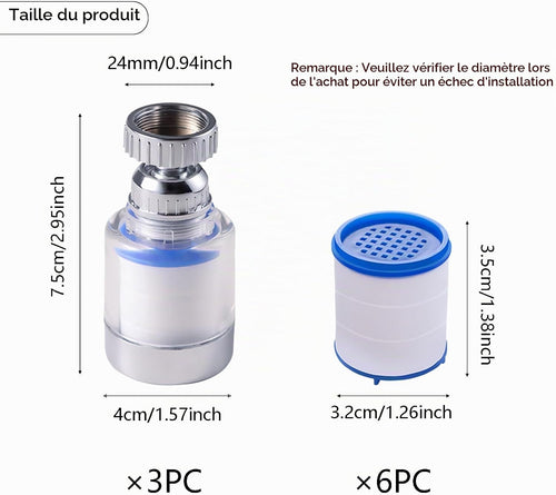 3 Filtre eau Robinet Anti Calcaire Rotatif à 360° + 9 Éléments Filtrants en Coton PP pour Cuisine Salle De Bain, L'Évier