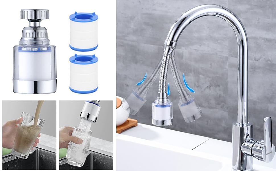 3 Filtre eau Robinet Anti Calcaire Rotatif à 360° + 9 Éléments Filtrants en Coton PP pour Cuisine Salle De Bain, L'Évier