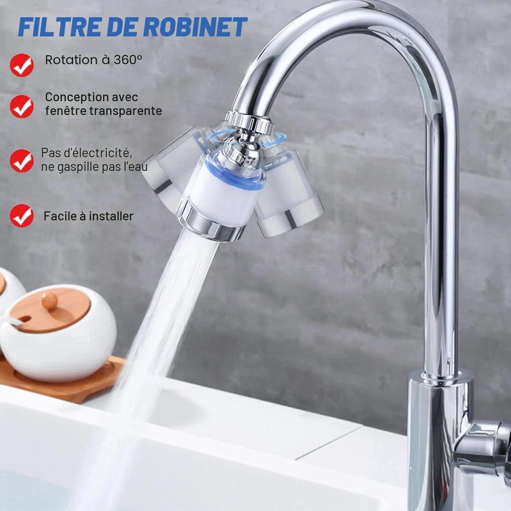 3 Filtre eau Robinet Anti Calcaire Rotatif à 360° + 9 Éléments Filtrants en Coton PP pour Cuisine Salle De Bain, L'Évier
