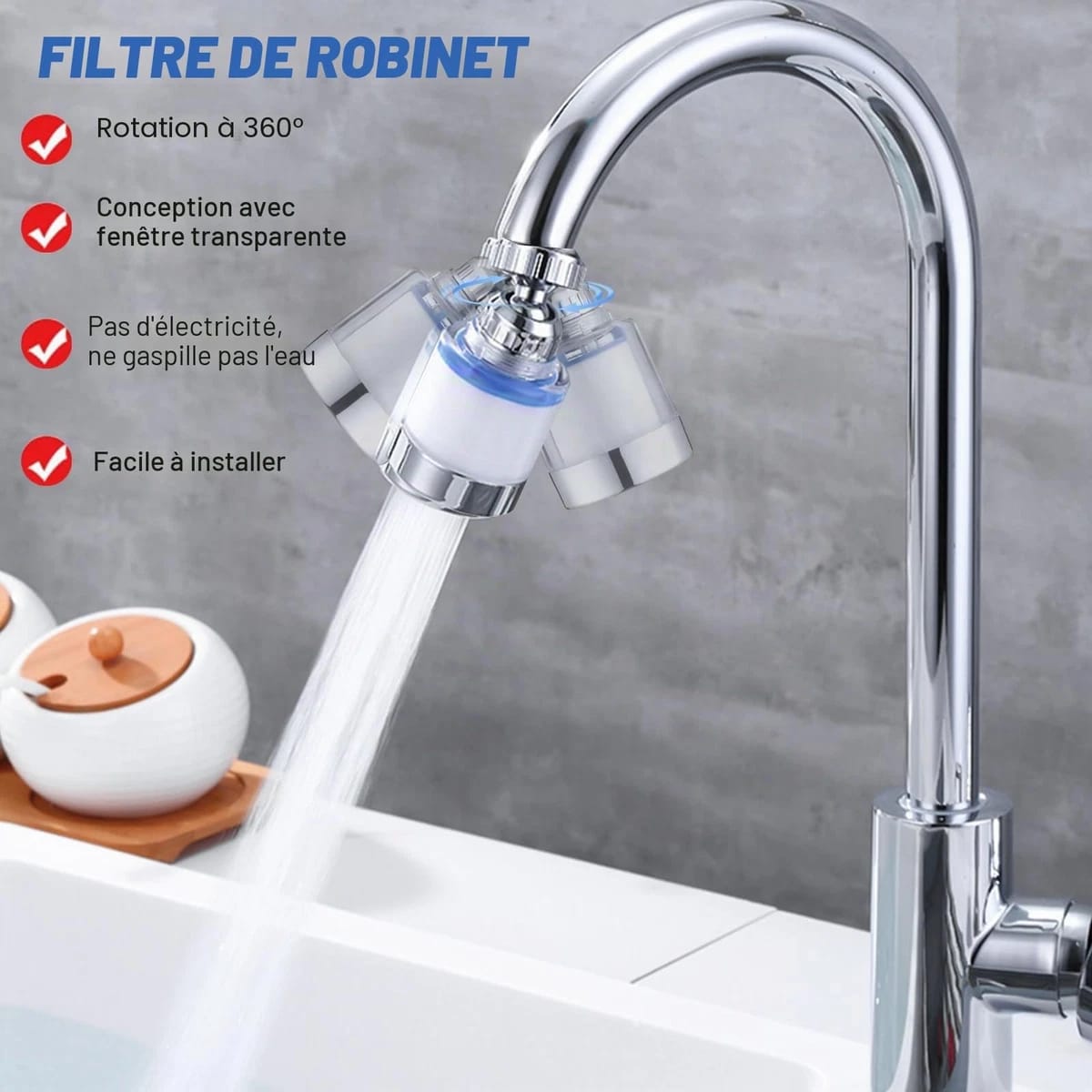 3 Filtre eau Robinet Anti Calcaire Rotatif à 360° + 9 Éléments Filtrants en Coton PP pour Cuisine Salle De Bain, L'Évier